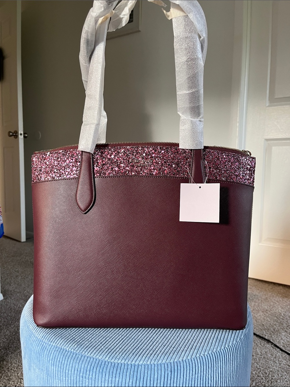 KATE SPADE Glitter Accent Burgundy Tote Bag - Women's Shoulder Bag
